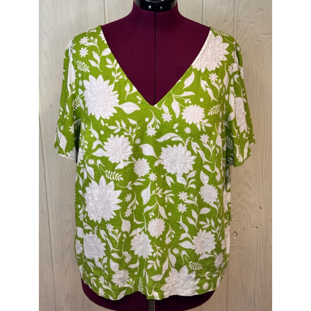 AVA VIV Floral Print Top Women's Size XL Green Linen Blend
